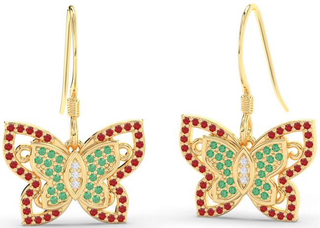 Diamond Emerald & Ruby Gold Butterfly Dangle Earrings