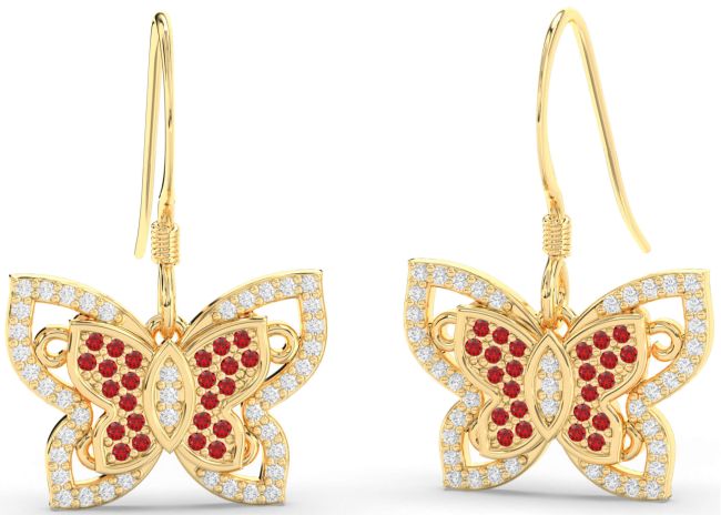 Diamond & Ruby Gold Butterfly Dangle Earrings