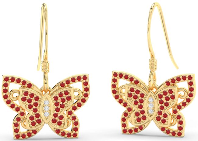 Diamond Ruby Gold Butterfly Dangle Earrings