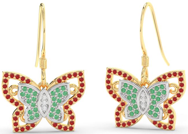 Diamond Emerald & Ruby Gold Silver Butterfly Dangle Earrings