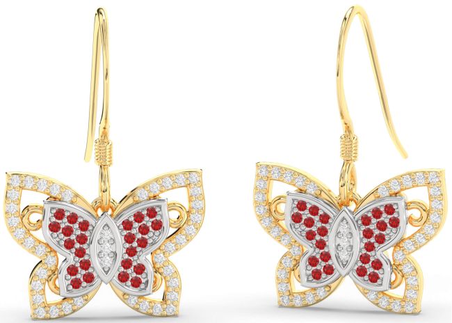 Diamond & Ruby Gold Silver Butterfly Dangle Earrings