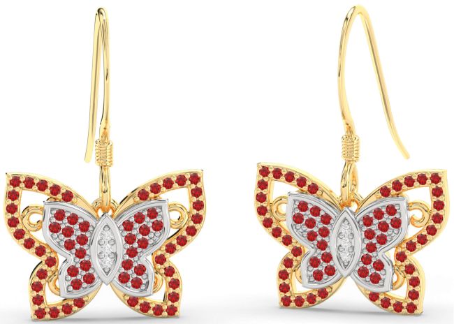 Diamond Ruby Gold Silver Butterfly Dangle Earrings