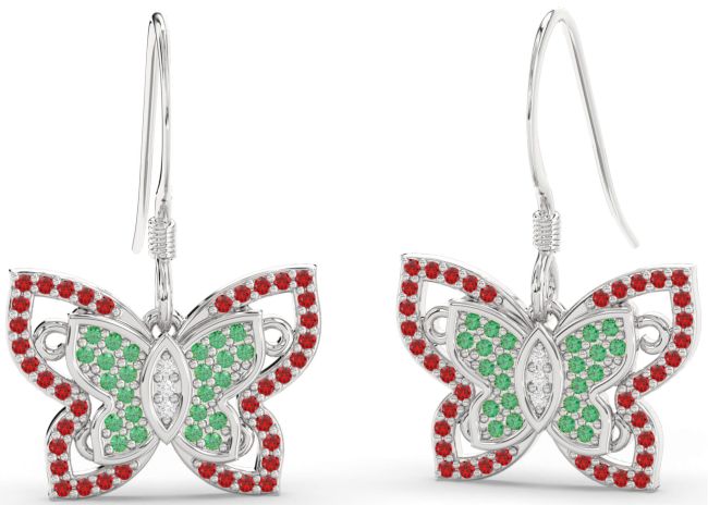 Diamond Emerald & Ruby Silver Butterfly Dangle Earrings
