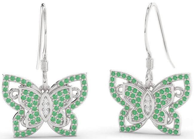 Diamond Emerald Silver Butterfly Dangle Earrings