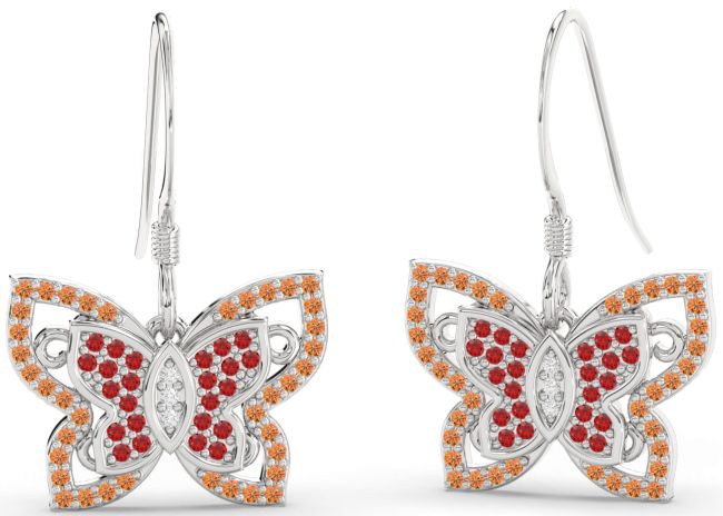 Diamond Ruby & Citrine Platinum Butterfly Dangle Earrings
