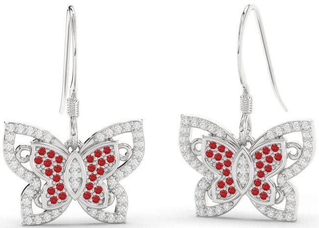 Diamond & Ruby Platinum Butterfly Dangle Earrings