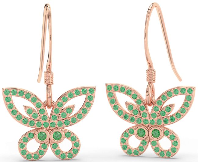 Emerald Rose Gold Butterfly Dangle Earrings