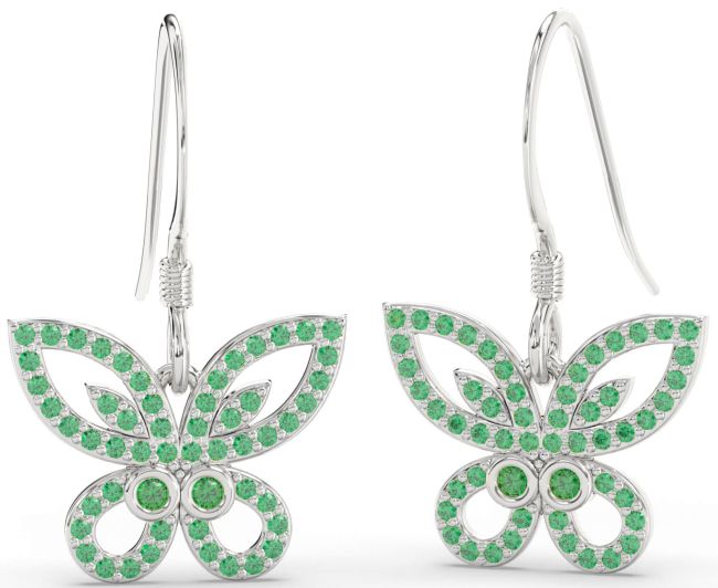 Emerald Platinum Butterfly Dangle Earrings