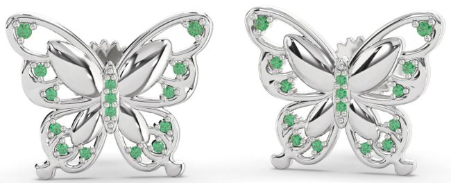 Emerald Silver Butterfly Stud Earrings