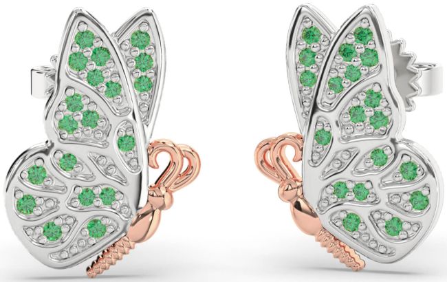 Emerald Rose Gold Silver Butterfly Dangle Earrings