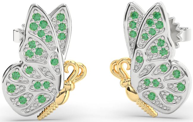 Emerald Gold Silver Butterfly Dangle Earrings