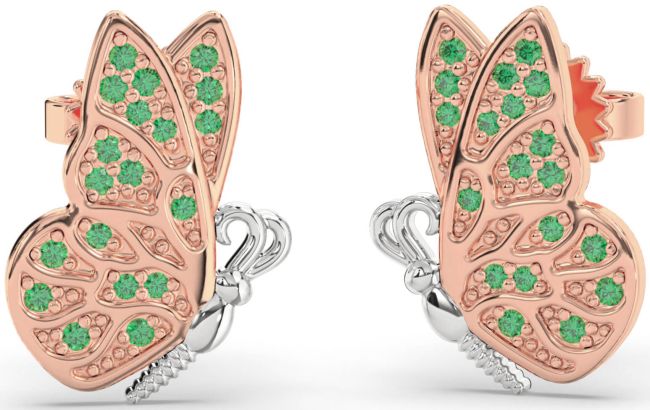 Emerald White Rose Gold Butterfly Dangle Earrings