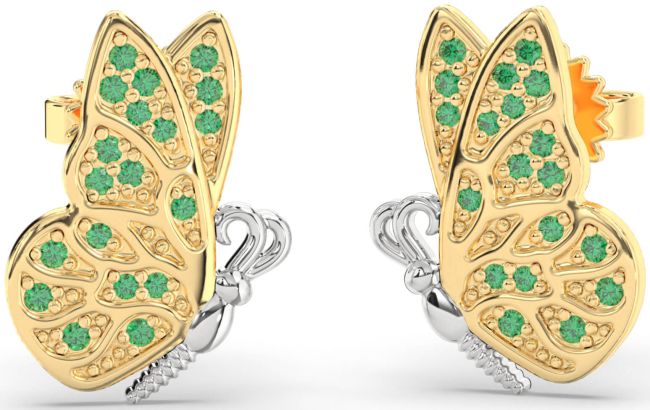 Emerald Gold Silver Butterfly Dangle Earrings
