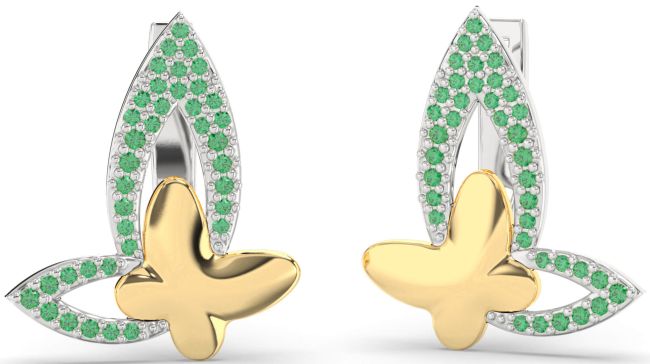 Emerald Gold Silver Butterfly Dangle Earrings