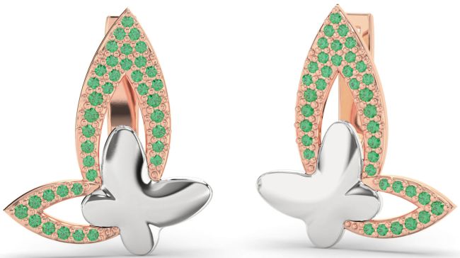 Emerald Platinum & Rose Gold Butterfly Dangle Earrings