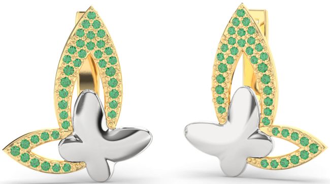 Emerald Gold Silver Butterfly Dangle Earrings