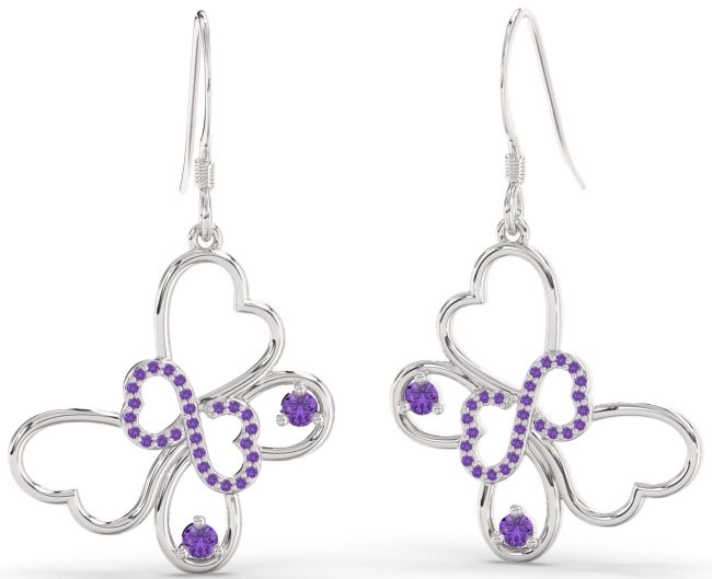 Large Amethyst Silver Butterfly Infinity Heart Dangle Earrings