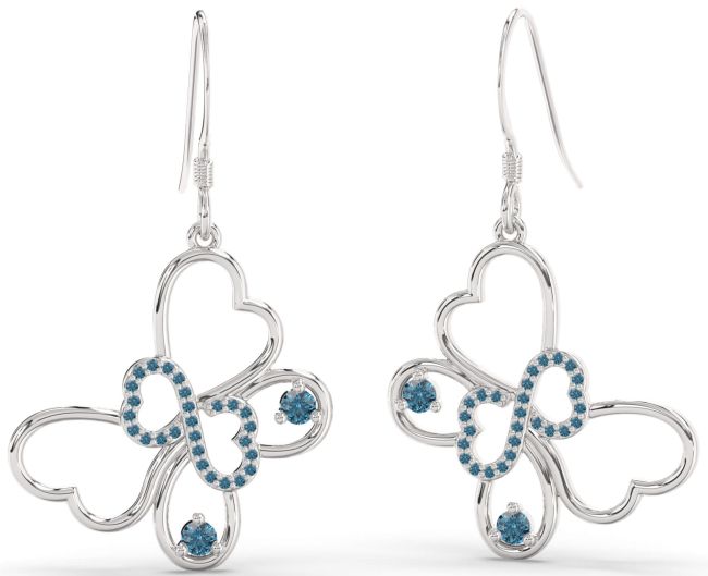 Large Blue Diamond Platinum Butterfly Infinity Heart Dangle Earrings