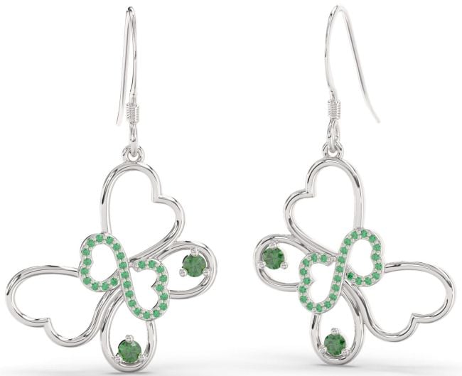 Large Emerald Platinum Butterfly Infinity Heart Dangle Earrings