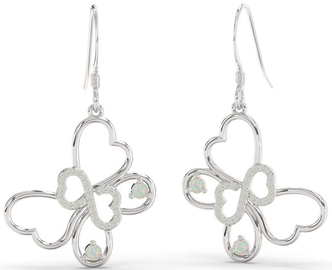Large Opal Silver Butterfly Infinity Heart Dangle Earrings