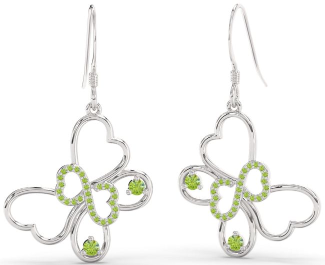 Large Peridot Silver Butterfly Infinity Heart Dangle Earrings