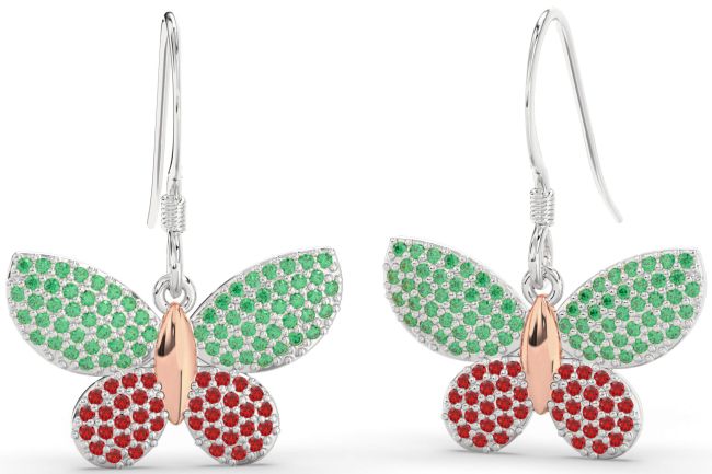 Emerald & Ruby Rose Gold Silver Butterfly Dangle Earrings