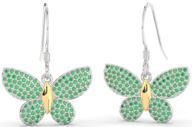 Emerald Platinum & Yellow Gold Butterfly Dangle Earrings