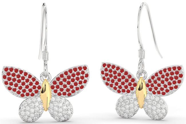 Diamond & Ruby Gold Silver Butterfly Dangle Earrings