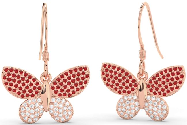 Diamond & Ruby Rose Gold Silver Butterfly Dangle Earrings