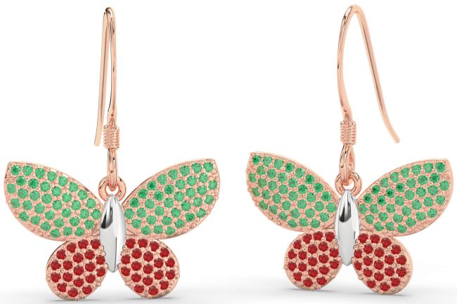 Emerald & Ruby White Rose Gold Butterfly Dangle Earrings