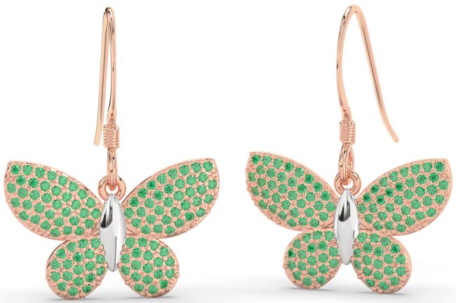 Emerald White Rose Gold Butterfly Dangle Earrings
