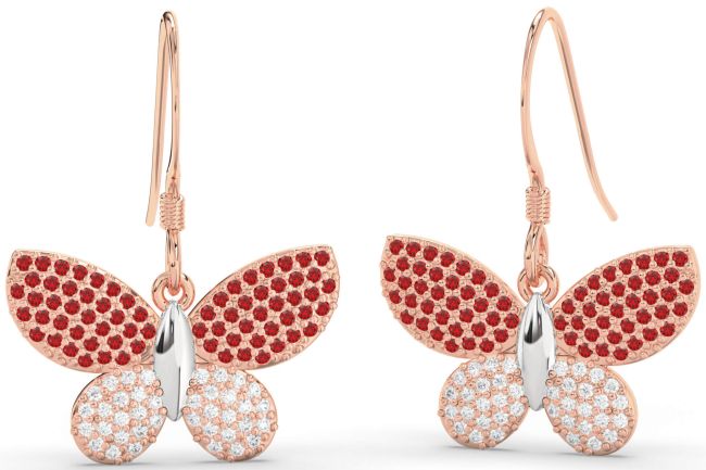 Diamond & Ruby Rose Gold Silver Butterfly Dangle Earrings