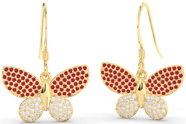 Diamond & Ruby Gold Butterfly Dangle Earrings
