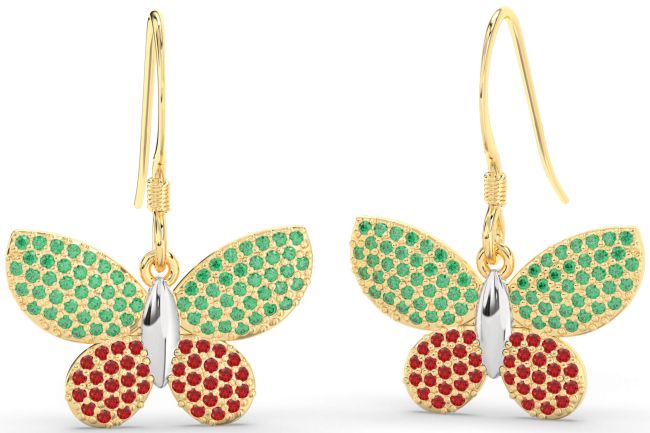 Emerald & Ruby Platinum & Yellow Gold Butterfly Dangle Earrings