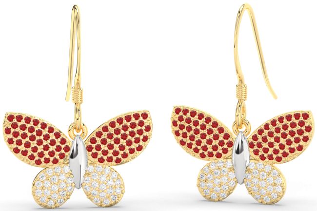 Diamond & Ruby Gold Silver Butterfly Dangle Earrings