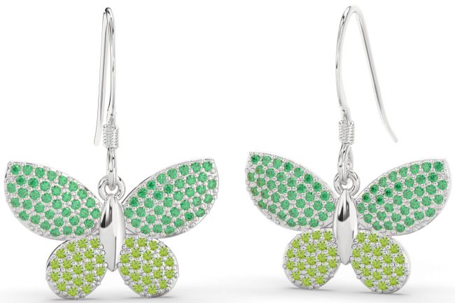Emerald & Peridot Platinum Butterfly Dangle Earrings