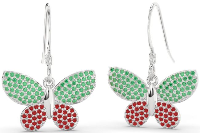 Emerald & Ruby Silver Butterfly Dangle Earrings