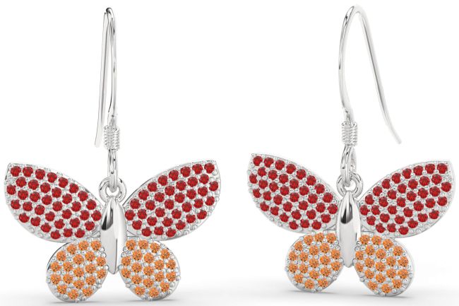 Ruby & Citrine Platinum Butterfly Dangle Earrings