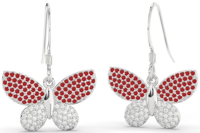 Diamond & Ruby Platinum Butterfly Dangle Earrings