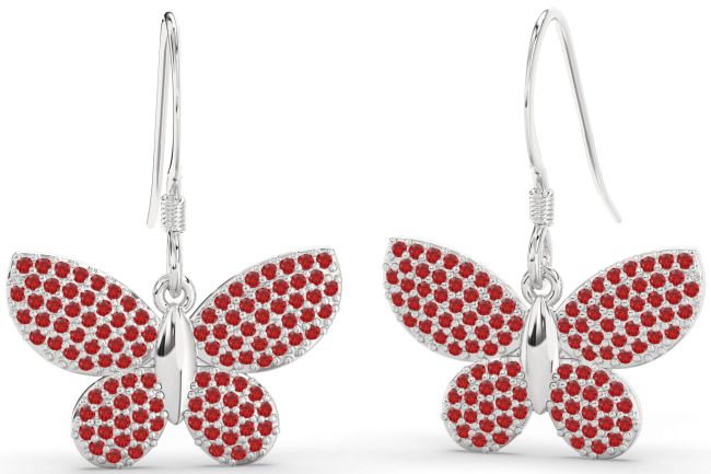 Ruby Silver Butterfly Dangle Earrings
