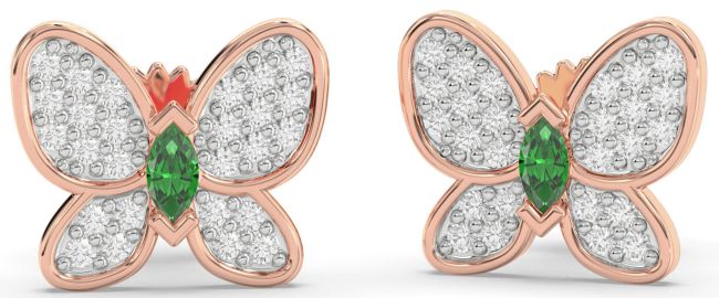 Diamond Emerald Rose Gold Butterfly Stud Earrings