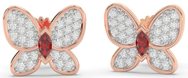 Diamond Ruby Rose Gold Silver Butterfly Stud Earrings