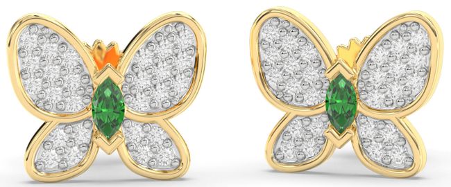 Diamond Emerald Gold Silver Butterfly Stud Earrings