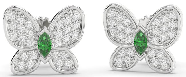 Diamond Emerald Silver Butterfly Stud Earrings