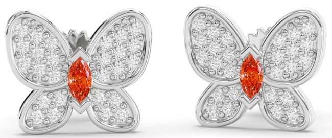 Diamond Fire Opal Silver Butterfly Stud Earrings