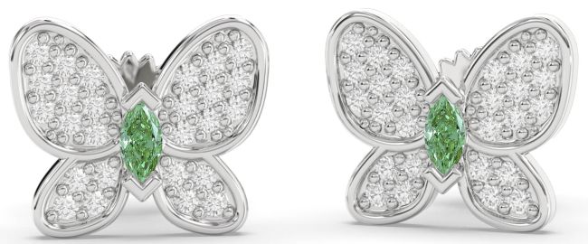 Green Diamond Silver Butterfly Stud Earrings