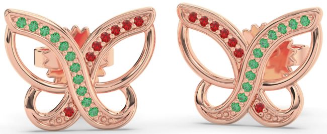 Emerald & Ruby Rose Gold Butterfly Stud Earrings