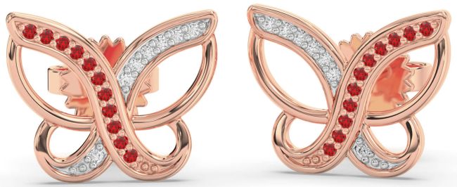 Diamond & Ruby Rose Gold Butterfly Stud Earrings