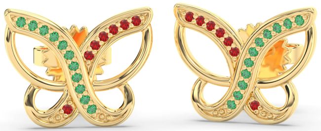 Emerald & Ruby Gold Butterfly Stud Earrings