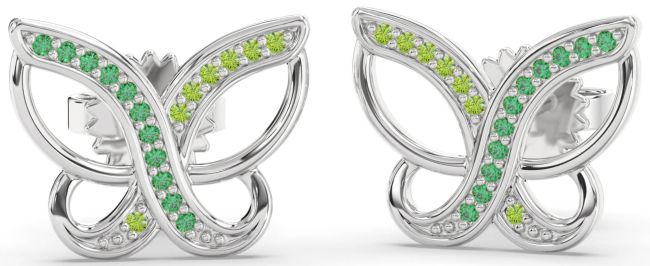 Emerald & Peridot Platinum Butterfly Stud Earrings
